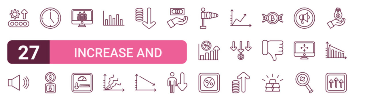 Set of 27 outline Increase and Decrease icons for modern UI, landing pages and digital services. Editable stroke collection with increase, volume up, time, line chart, bull market and Gold Bars.
