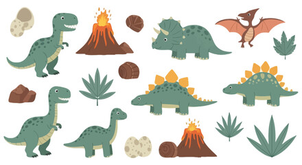 Cute dinosaur collection with volcanoes and prehistoric plants © haikal