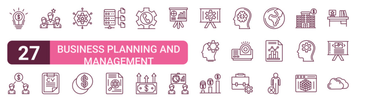 Set of 27 outline Business Planning and Management icons for modern UI, landing pages and digital services. Editable stroke collection with business idea, shareholder, leader, analysis, head and