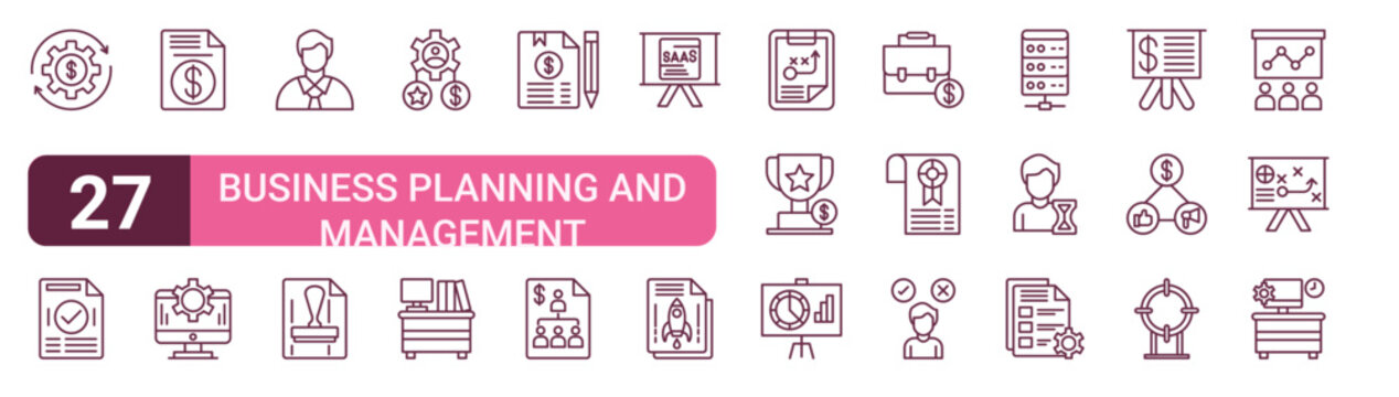 Set of 27 outline Business Planning and Management icons for modern UI, landing pages and digital services. Editable stroke collection with process, paper, dollar, workspace, trophy and paper.