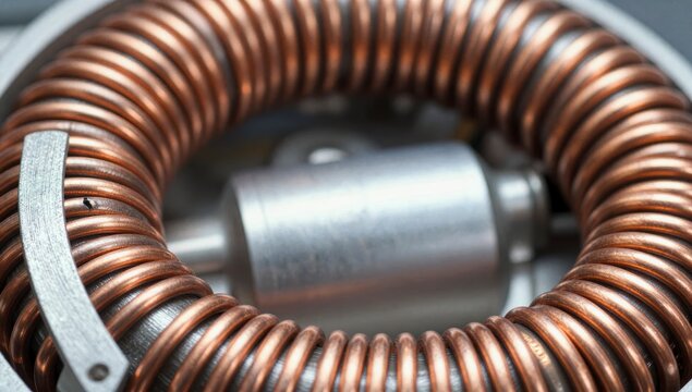 Close up of a copper wire coil inductor component inside a modern industrial electronic device
