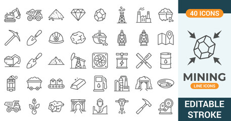 Mining and mineral extraction line icons set. Vector illustration of heavy industry, coal mine cart, gold digger shovel, oil drilling derrick, diamond crystal, refinery factory, editable stroke. © Shammi