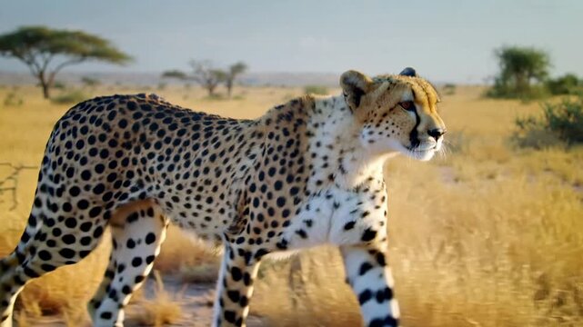 Wild Cheetah Walking Through African Savannah Grasslands During Daytime