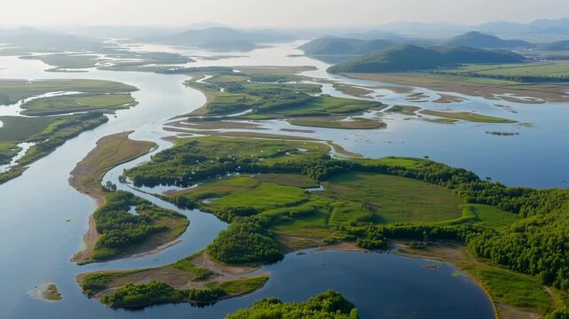 Aerial View of a Serene River Delta with Lush Greenery and Meandering Waterways