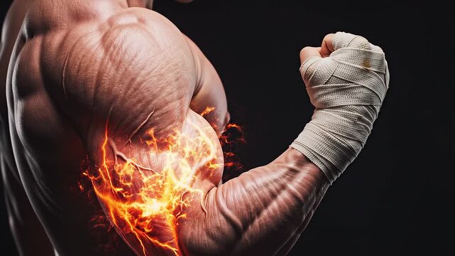 Muscular Arm with Glowing Biceps Representing Strength and Pain.