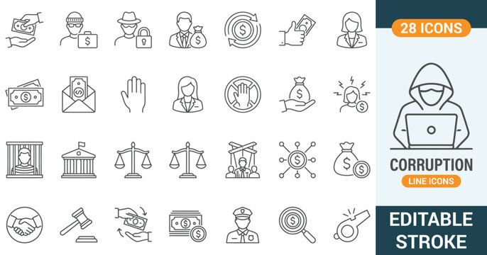 Corruption and financial crime line icons set. Vector illustration of bribery, money laundering, cyber fraud hacker, illegal payout, justice court law enforcement, editable stroke.