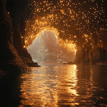 A magical cave illuminated by sparkling lights reflecting off serene water, creating a mystical atmosphere.