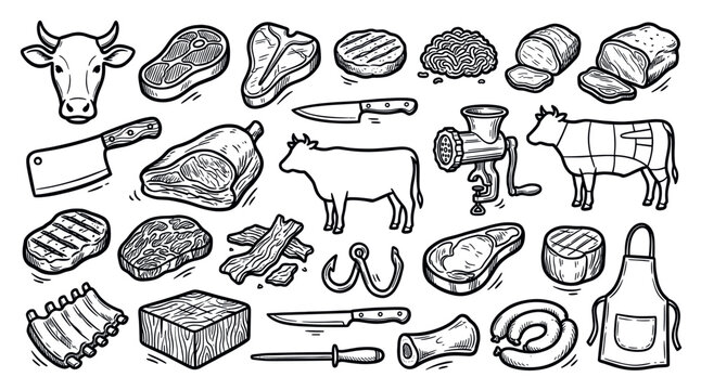 Various hand-drawn butcher shop elements including different cuts of beef, tools, and a cow outline on a clean white background