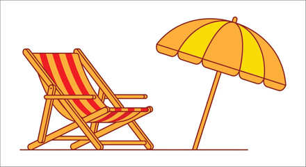 Beach chair and parasol vector illustration featuring striped seating and warm orange tones deck folding © Vactor media 