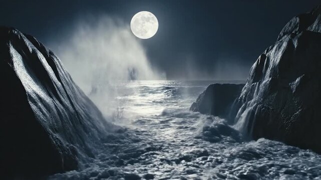 A bright full moon shines over crashing ocean waves
