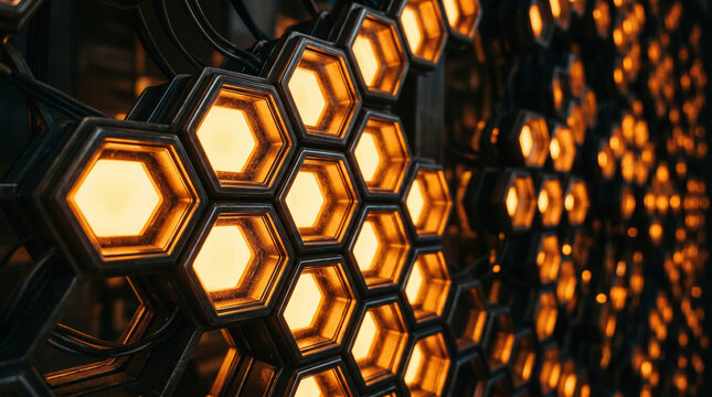 Glowing hexagonal honeycomb structure with a golden light. Suitable for backgrounds, architecture, technology, and industrialthemed design projects.