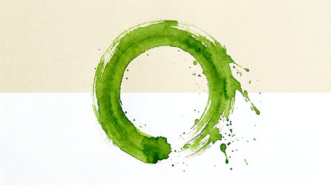 A vibrant green brushstroke circle, symbolizing Zen and mindfulness, on a clean, dual-toned background