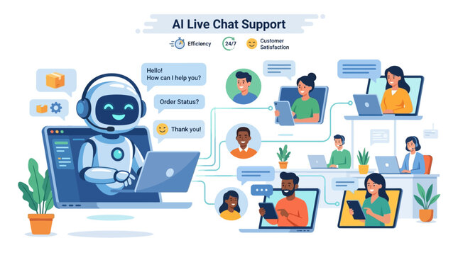 People interact with a robot on laptops in a supportive technology environment.