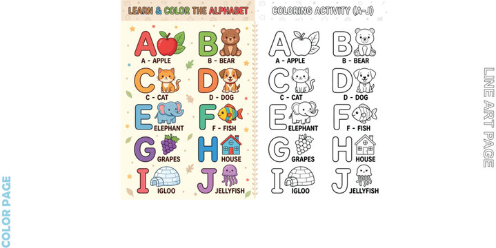 Alphabet learning page with apple bear cat dog elephant fish grapes house igloo and jellyfish
