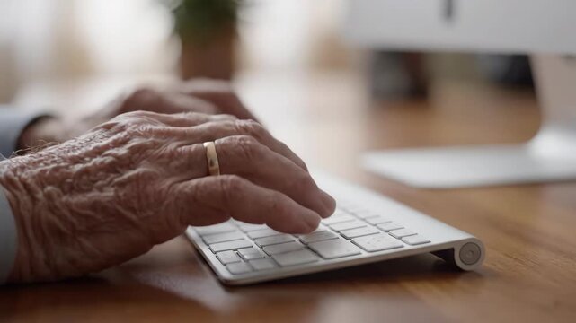 Older hands typing on wireless keyboard at wooden desk with computer monitor, close up of wrinkled fingers and wedding ring showing focus and care