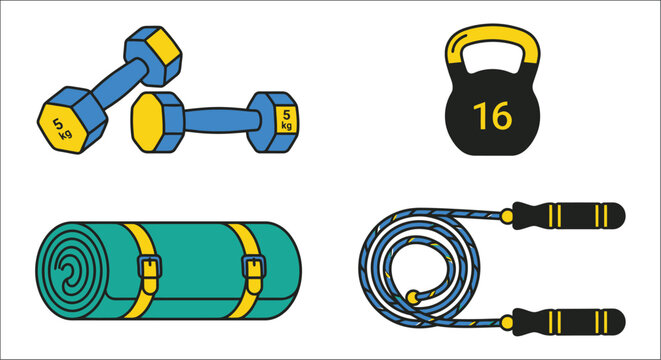 Fitness equipment vector illustration featuring dumbbells kettlebell yoga mat and jump rope exercise gear workout