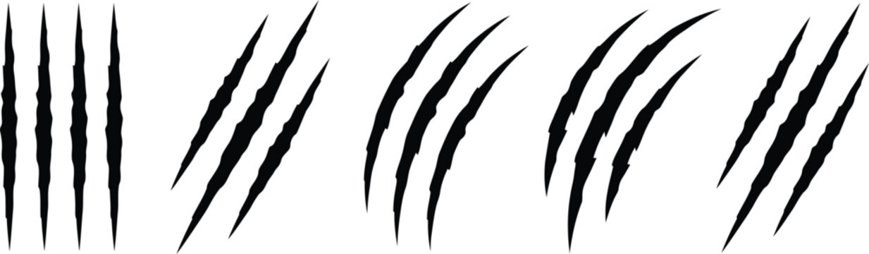 Black animal claw scratch marks monster slash silhouette vector icon set isolated on white background