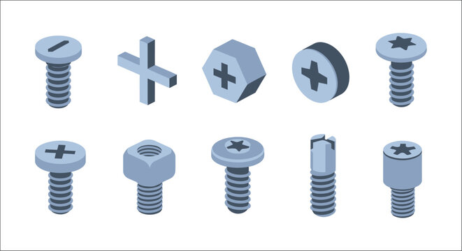 Assorted Metal Fasteners And Bolts Isometric Vector Illustration On White Background screw bolt fastener hardware