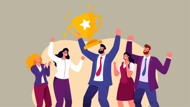 Happy business team members cheering and celebrating their professional victory while holding a shiny golden trophy cup in a vibrant and colorful flat vector illustration style