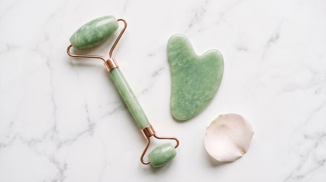 Natural green jade face roller and smooth gua sha massage stone resting near delicate pink rose petal upon elegant white marble table surface