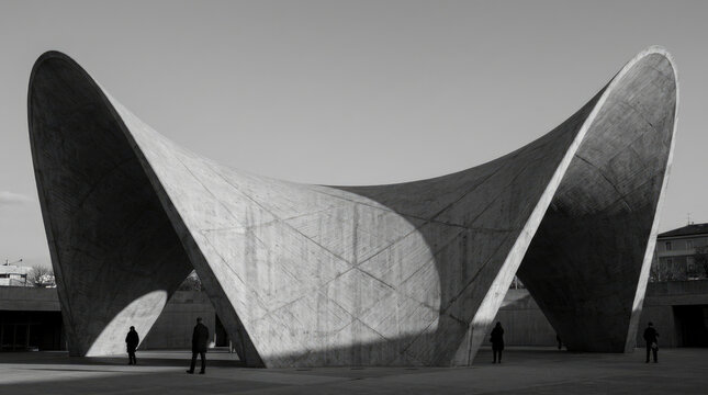 Sleek hyperbolic paraboloid concrete structure with shadows and people