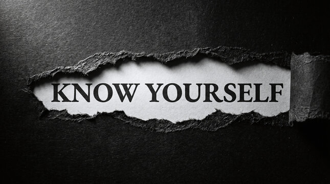 Torn black and white paper background with bold know yourself phrase suitable for motivational quotes, selfhelp content, or personal development.