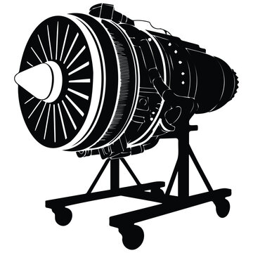 Detailed aircraft jet engine silhouette on mobile maintenance stand.