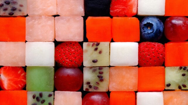 The image presents an abstract arrangement of fruits, mainly composed of a grid-like layout formed by square slices.