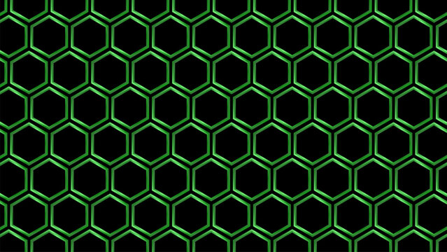 3D green metallic hexagon pattern background empty chiseled tech honeycomb mesh grid texture for matrix code and digital coding interface