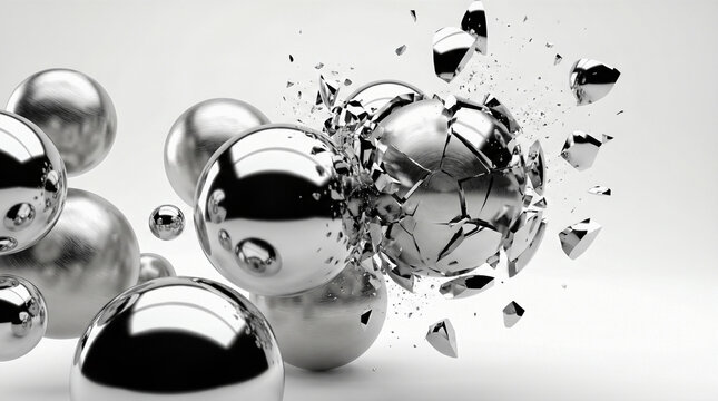 Abstract silver metallic spheres colliding and exploding into tiny broken pieces against clean white background representing destructive dynamic action and powerful physical impact