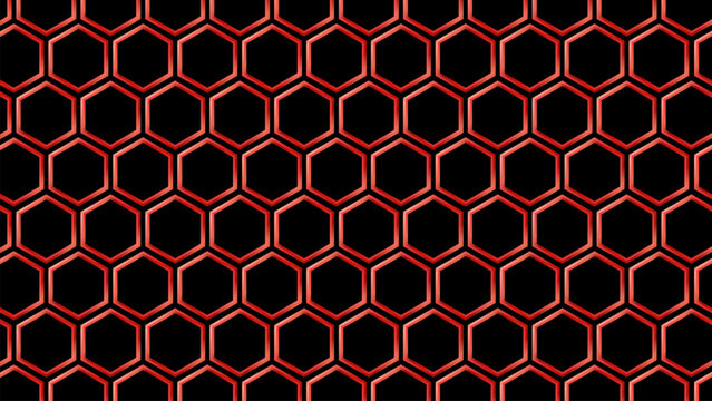 3D red metallic hexagon pattern background empty chiseled gamer honeycomb mesh grid texture for esports and high performance hardware
