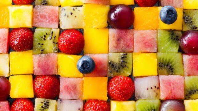 The image presents an abstract arrangement of fruits, mainly composed of a grid-like layout formed by square slices.