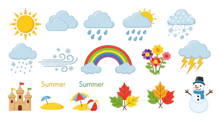 Fototapeta premium Weather conditions and four seasons weather icon collection