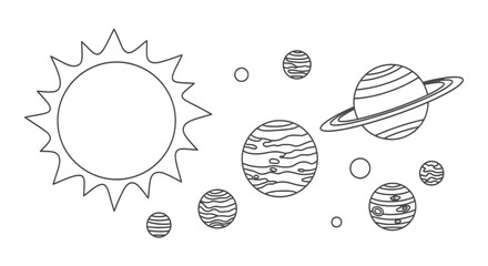 Solar system line drawing with sun and planets for coloring © nando