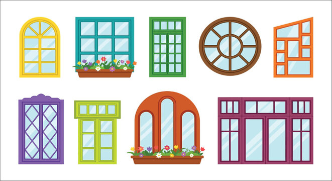 Collection of colorful window frames a vector illustration on a white background windows windowpanes casement