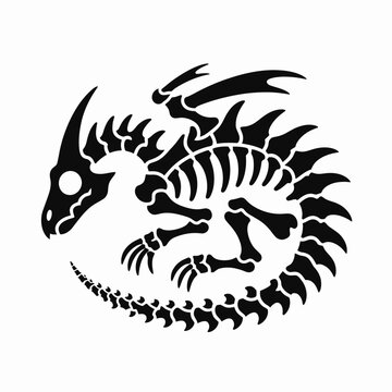 A stylized black silhouette of a dragon skeleton curled into a circular shape, with intricate bone details.
