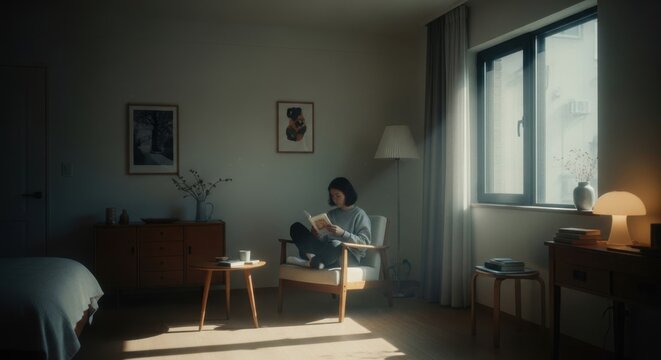 Woman sitting in a sunlit room, enjoying a quiet moment alone.