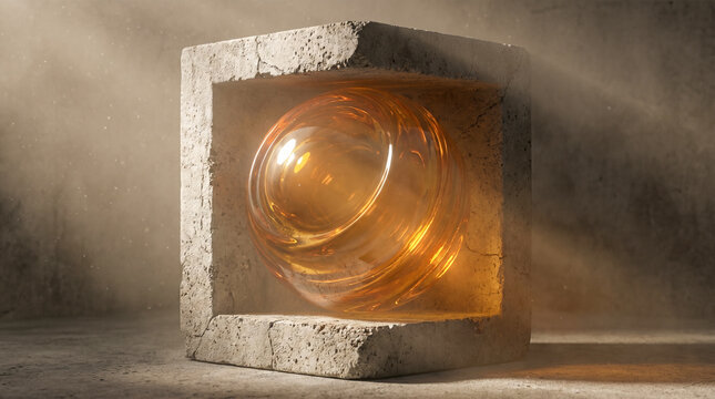 Heavy textured grey concrete cube block sheltering bright glowing amber glass sphere inside hollow center illuminated by warm dramatic atmospheric dusty studio sunlight rays