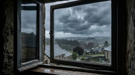 Fototapeta premium Dark Cloudy Sky Over Village Landscape Through Rainy Window Pane