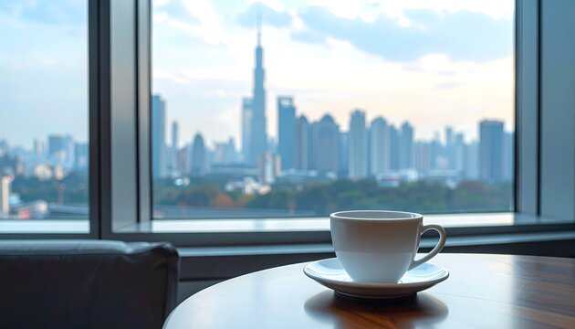 Taza de caf&eacute; sobre mesa junto a una ventana con vistas a rascacielos urbanos en ambiente moderno y tranquilo