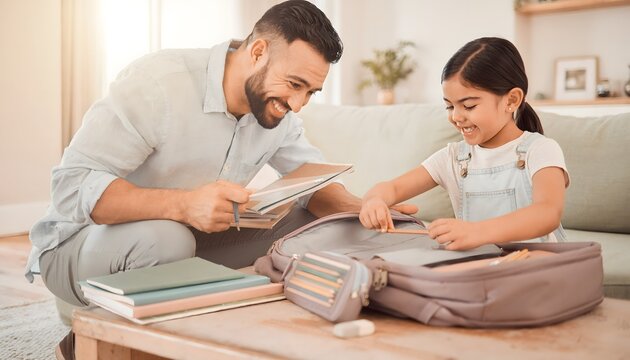 Padre ayudando a su hija a preparar la mochila escolar con libros y material educativo en ambiente familiar luminoso
