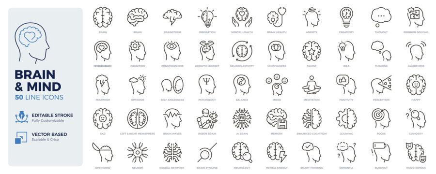 Brain and mind icons. Mental health, psychology, cognition and neuroscience thin line icon set. Editable stroke vector illustrations.