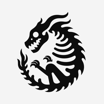 A stylized black silhouette of a skeletal dragon curled into a circular shape, featuring visible ribs, sharp teeth, and claws on a white background.