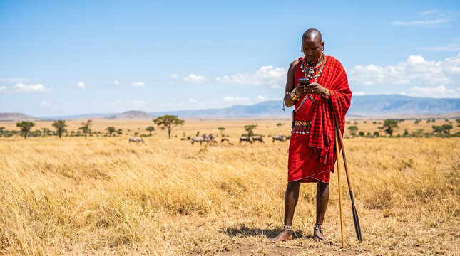 Authentic african maasai warrior wearing traditional bright red clothing standing alone in dry savanna landscape looking down thoughtfully holding modern digital smartphone