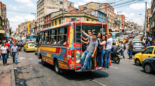 Young male passengers hanging dangerously outside crowded colorful public transportation bus driving through busy historic city streets during bright sunny summer day
