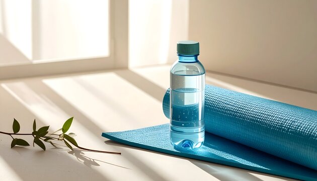Botella de agua sobre esterilla azul de yoga junto a una rama verde en habitaci&oacute;n luminosa con luz natural