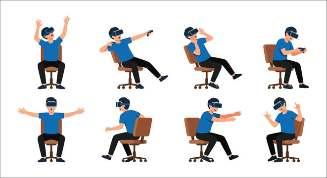 People wearing virtual reality headsets in various poses vector illustration headset gaming gamer digital entertainment