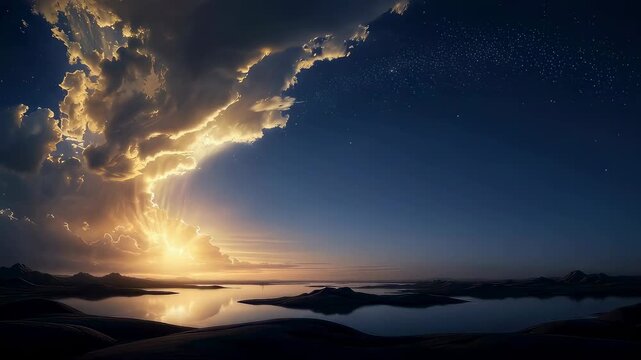 Golden light breaking through cosmic clouds over primordial land. Biblical creation scene showing genesis of world during divine dawn. Celestial energy manifestation.