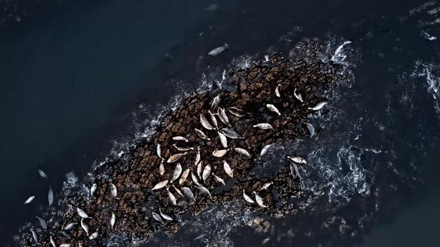 Aerial Drone View of a Colony of Seals Resting on a Rocky Outcrop in Dark, Choppy Ocean Waters