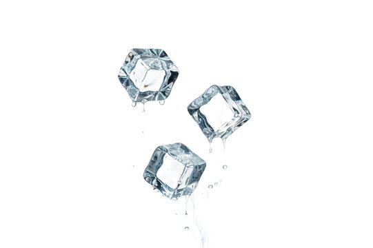 Three clear melting ice cubes with water droplets falling, isolated on a white background, showing transparency and liquid splashes